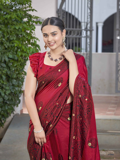 MANOHARI Banarasi Silk Blend Jacquard Work Saree - Red