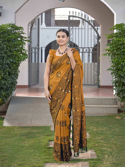 MANOHARI Banarasi Silk Blend Jacquard Work Saree - Mustard