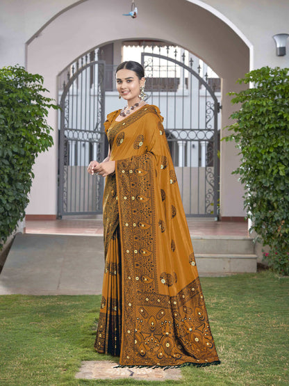 MANOHARI Banarasi Silk Blend Jacquard Work Saree - Mustard
