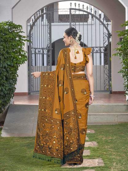 MANOHARI Banarasi Silk Blend Jacquard Work Saree - Mustard