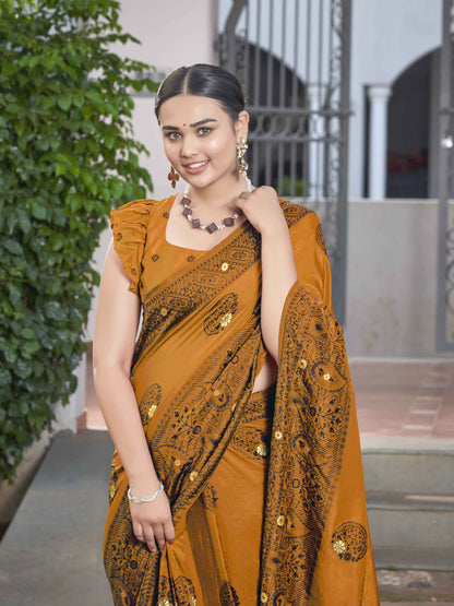 MANOHARI Banarasi Silk Blend Jacquard Work Saree - Mustard