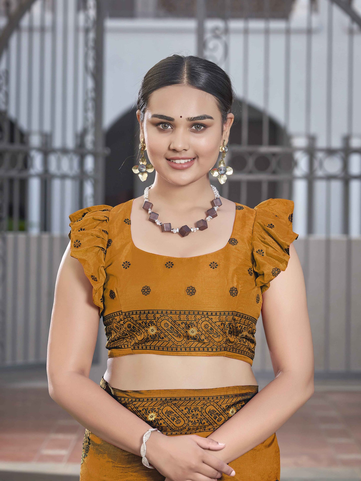 MANOHARI Banarasi Silk Blend Jacquard Work Saree - Mustard