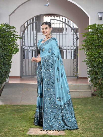 MANOHARI Banarasi Silk Blend Jacquard Work Saree - Blue
