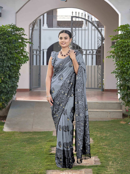 MANOHARI Banarasi Silk Blend Jacquard Work Saree - Grey