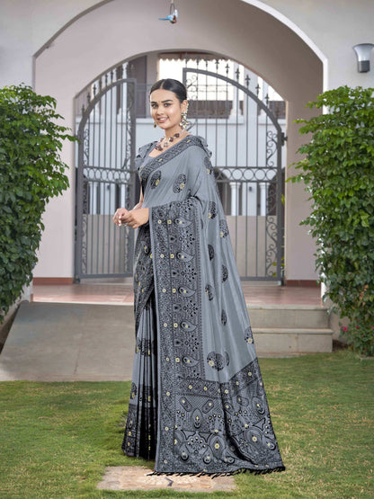 MANOHARI Banarasi Silk Blend Jacquard Work Saree - Grey