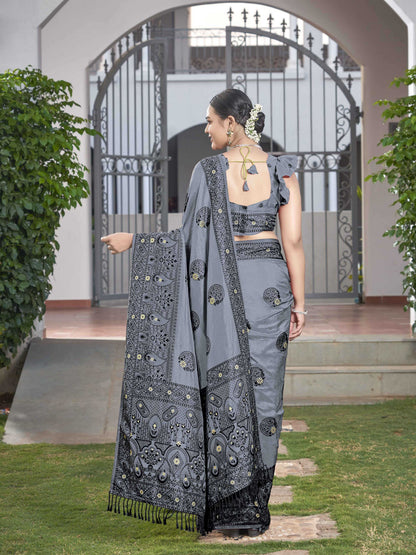 MANOHARI Banarasi Silk Blend Jacquard Work Saree - Grey