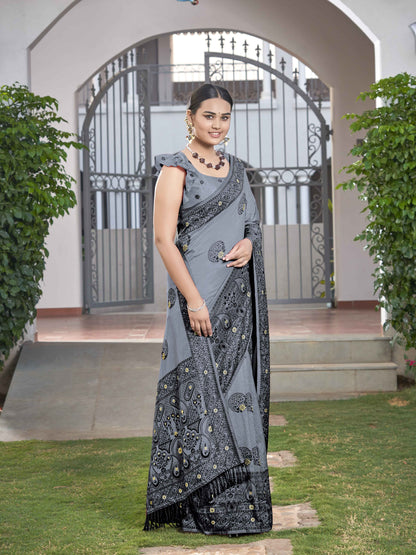 MANOHARI Banarasi Silk Blend Jacquard Work Saree - Grey