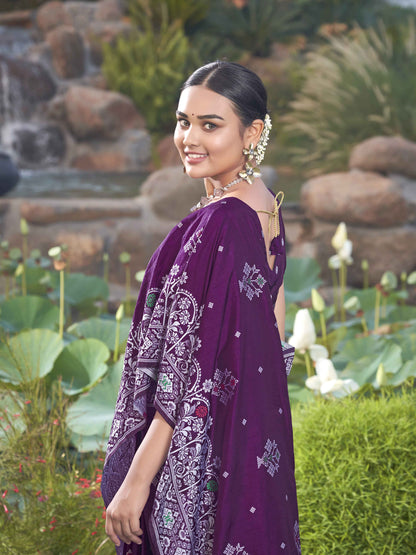 MANOHARI Banarasi Silk Blend Jacquard Work Saree - Purple