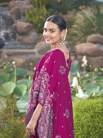 MANOHARI Banarasi Silk Blend Jacquard Work Saree - Pink