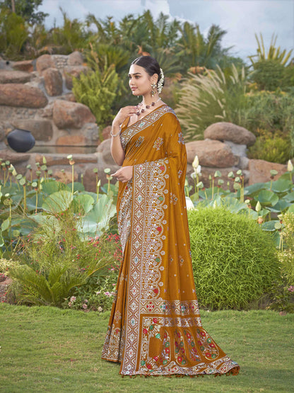MANOHARI Banarasi Silk Blend Jacquard Work Saree - Mustard