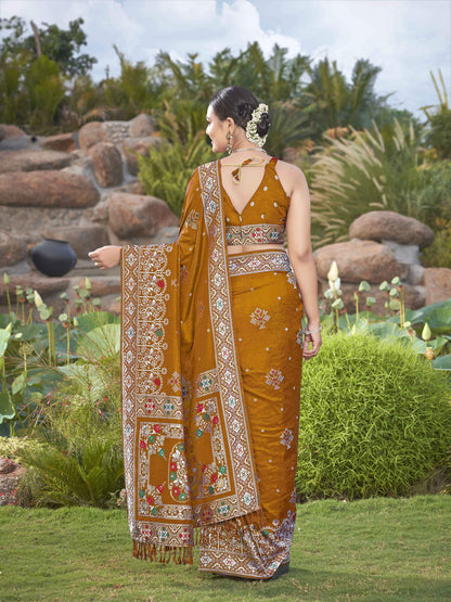 MANOHARI Banarasi Silk Blend Jacquard Work Saree - Mustard