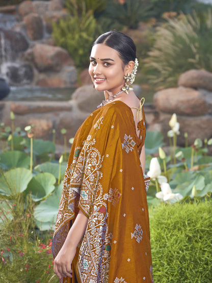 MANOHARI Banarasi Silk Blend Jacquard Work Saree - Mustard