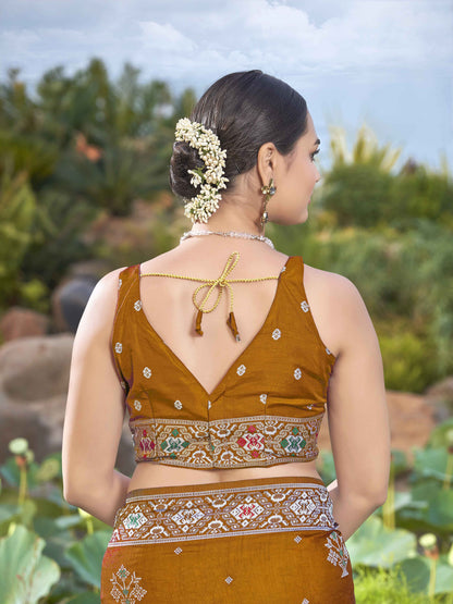 MANOHARI Banarasi Silk Blend Jacquard Work Saree - Mustard