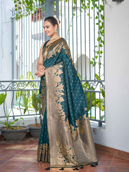 MANOHARI Banarasi Silk Blend Jacquard Work Saree - Green