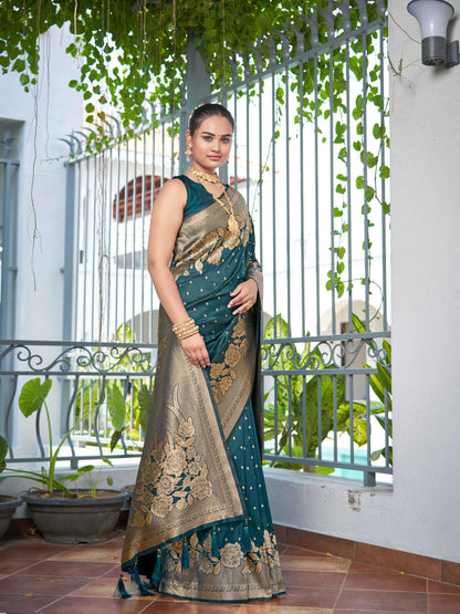 MANOHARI Banarasi Silk Blend Jacquard Work Saree - Green