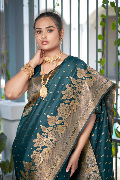 MANOHARI Banarasi Silk Blend Jacquard Work Saree - Green