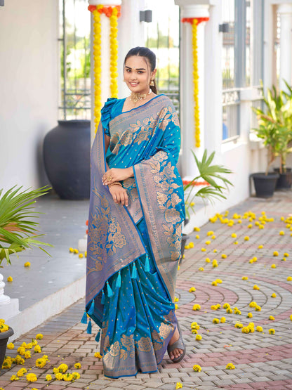 MANOHARI Banarasi Silk Blend Jacquard Work Saree - Blue