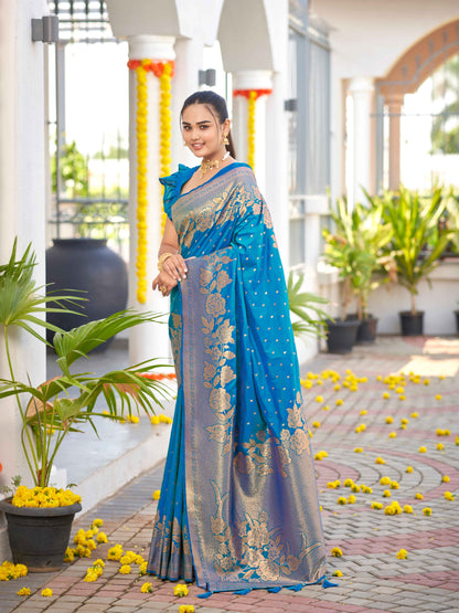 MANOHARI Banarasi Silk Blend Jacquard Work Saree - Blue