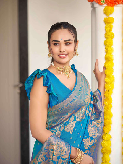 MANOHARI Banarasi Silk Blend Jacquard Work Saree - Blue