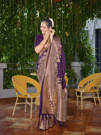MANOHARI Banarasi Silk Blend Jacquard Work Saree - Purple