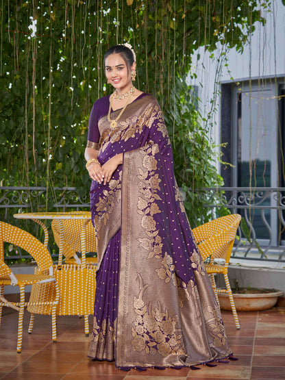 MANOHARI Banarasi Silk Blend Jacquard Work Saree - Purple