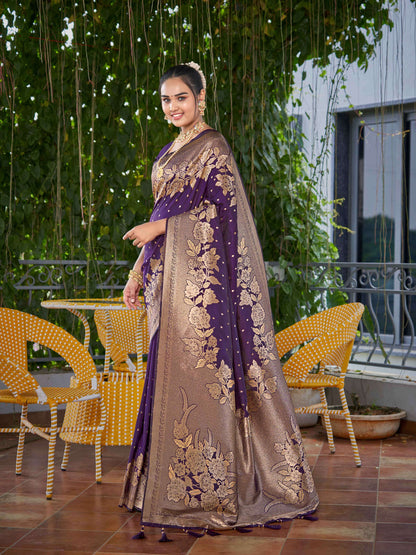 MANOHARI Banarasi Silk Blend Jacquard Work Saree - Purple
