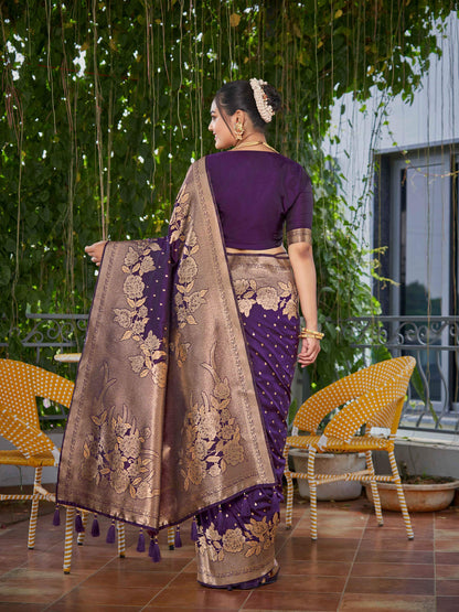 MANOHARI Banarasi Silk Blend Jacquard Work Saree - Purple