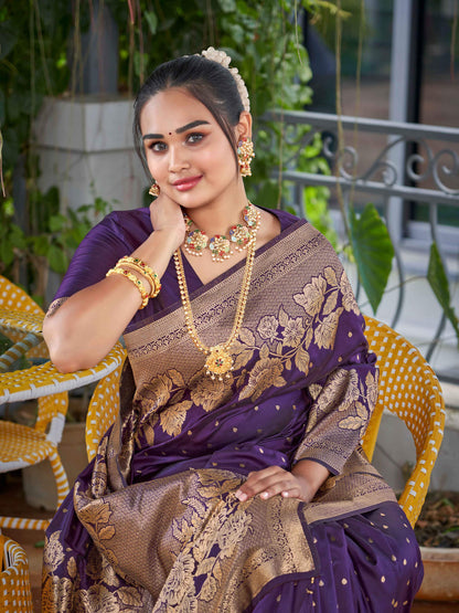 MANOHARI Banarasi Silk Blend Jacquard Work Saree - Purple