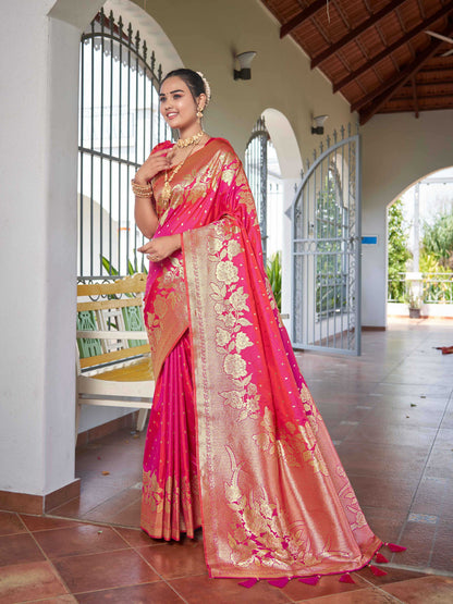 MANOHARI Banarasi Silk Blend Jacquard Work Saree - Pink