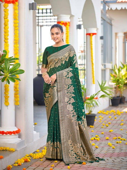 MANOHARI Banarasi Silk Blend Jacquard Work Saree - Green