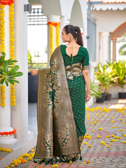 MANOHARI Banarasi Silk Blend Jacquard Work Saree - Green
