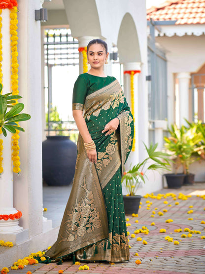 MANOHARI Banarasi Silk Blend Jacquard Work Saree - Green