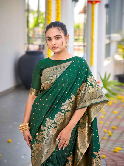 MANOHARI Banarasi Silk Blend Jacquard Work Saree - Green