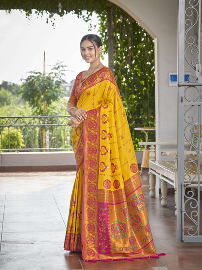MANOHARI Banarasi Silk Blend Jacquard Work Saree - Yellow