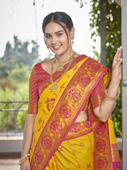 MANOHARI Banarasi Silk Blend Jacquard Work Saree - Yellow