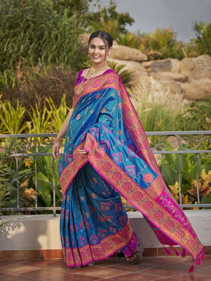 MANOHARI Banarasi Silk Blend Jacquard Work Saree - Blue