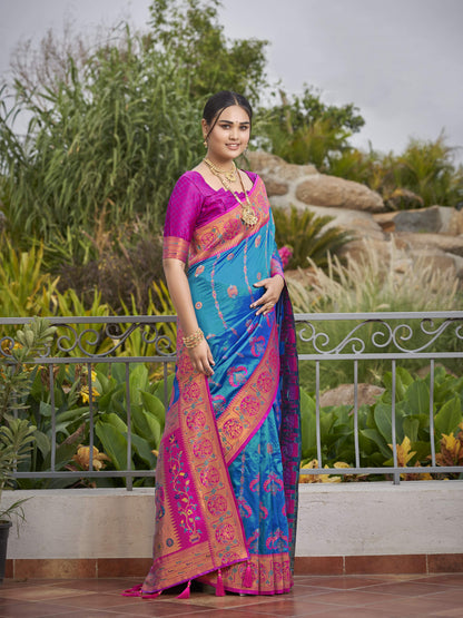 MANOHARI Banarasi Silk Blend Jacquard Work Saree - Blue
