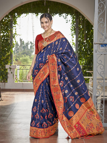 MANOHARI Banarasi Silk Blend Jacquard Work Saree - Blue