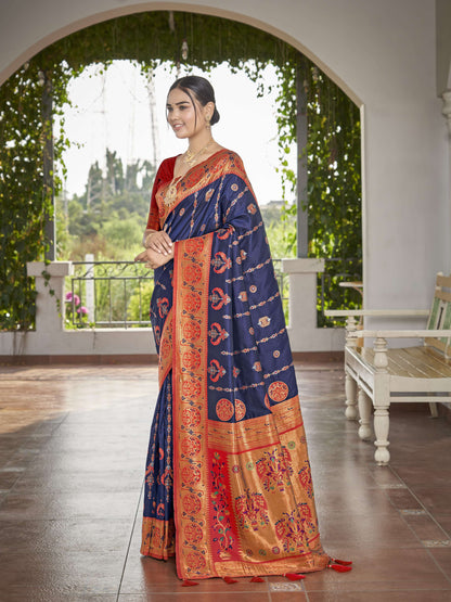MANOHARI Banarasi Silk Blend Jacquard Work Saree - Blue