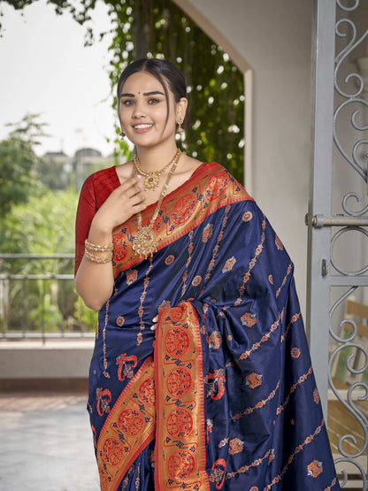 MANOHARI Banarasi Silk Blend Jacquard Work Saree - Blue