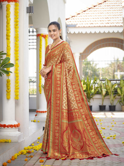 MANOHARI Banarasi Silk Blend Jacquard Work Saree - Orange