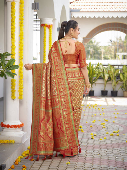 MANOHARI Banarasi Silk Blend Jacquard Work Saree - Orange