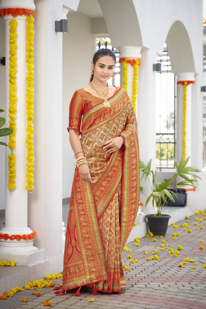MANOHARI Banarasi Silk Blend Jacquard Work Saree - Orange