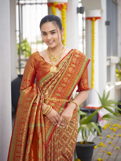 MANOHARI Banarasi Silk Blend Jacquard Work Saree - Orange