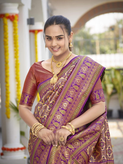 MANOHARI Banarasi Silk Blend Jacquard Work Saree - Purple