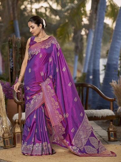 MANOHARI Banarasi Silk Blend Jacquard Work Saree - Purple
