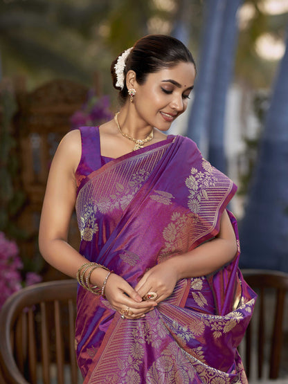 MANOHARI Banarasi Silk Blend Jacquard Work Saree - Purple