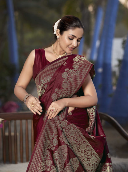 MANOHARI Banarasi Silk Blend Jacquard Work Saree - Red