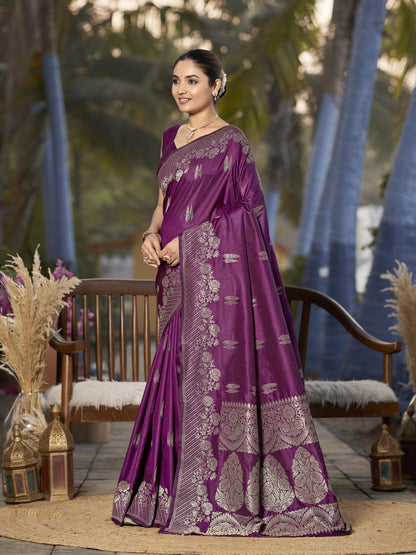MANOHARI Banarasi Silk Blend Jacquard Work Saree - Purple