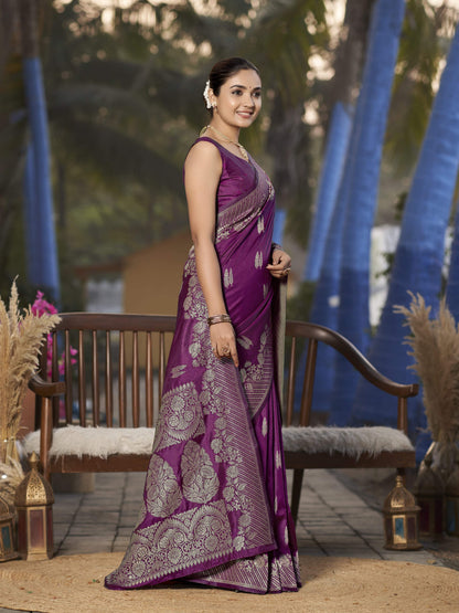 MANOHARI Banarasi Silk Blend Jacquard Work Saree - Purple